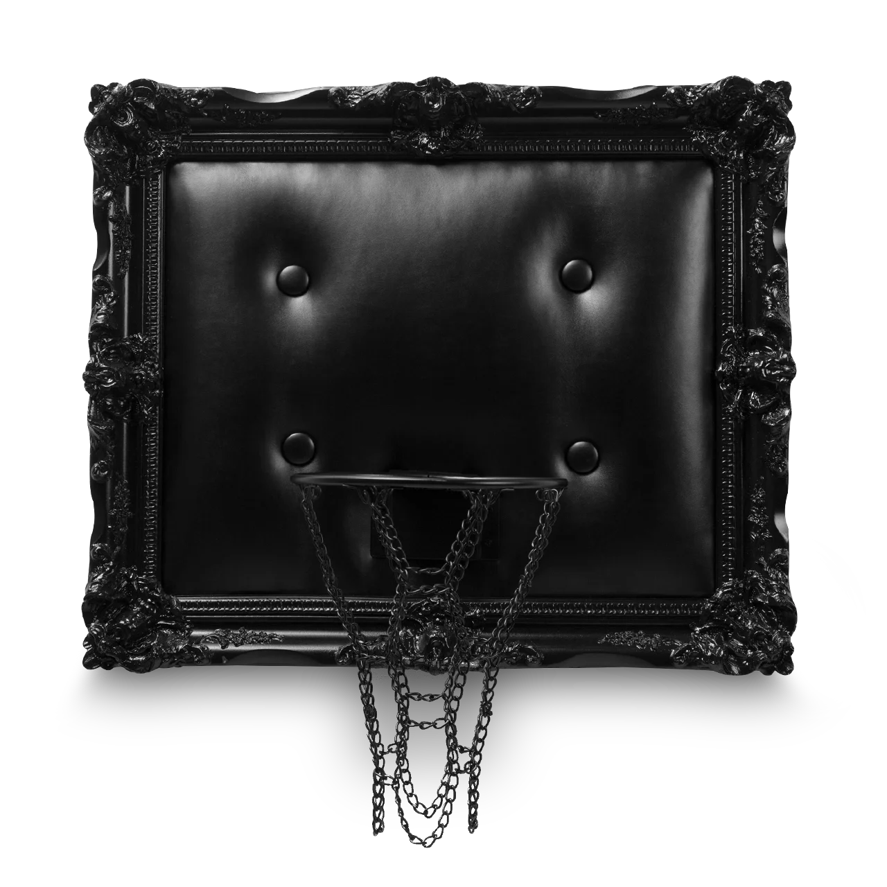 An ornate frame encases a black leather hoop.
