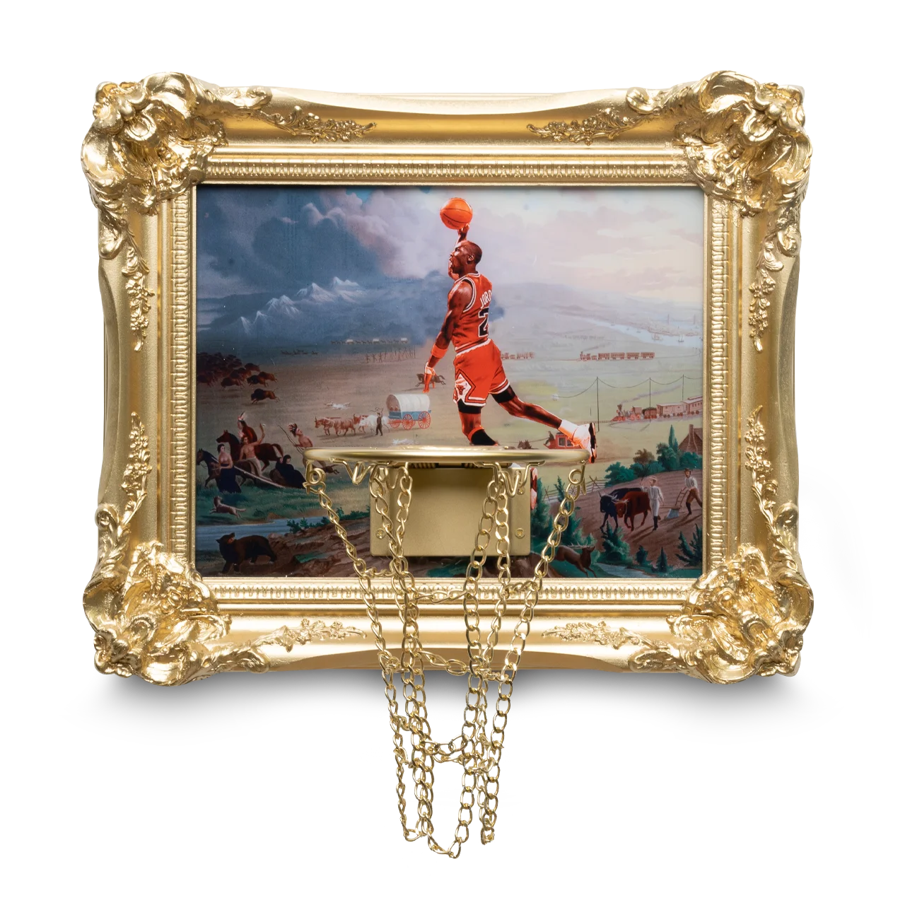 A gold frame showcasing a Manifest Greatness Hoop.