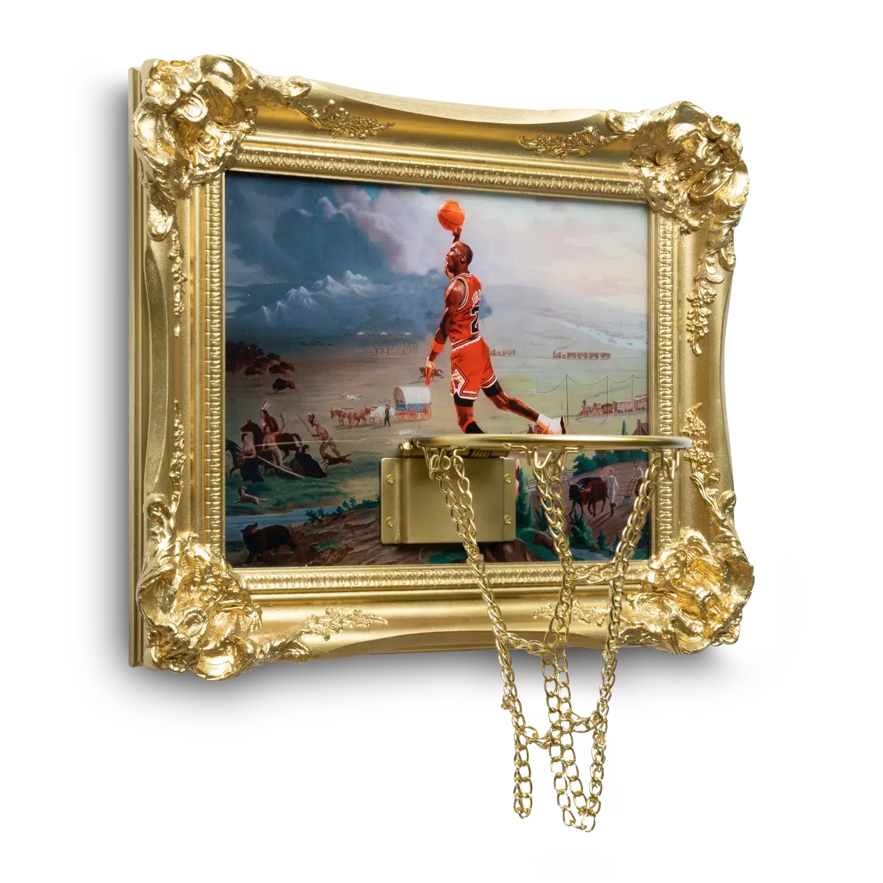 A gold framed Manifest Greatness Hoop with a basketball player image.