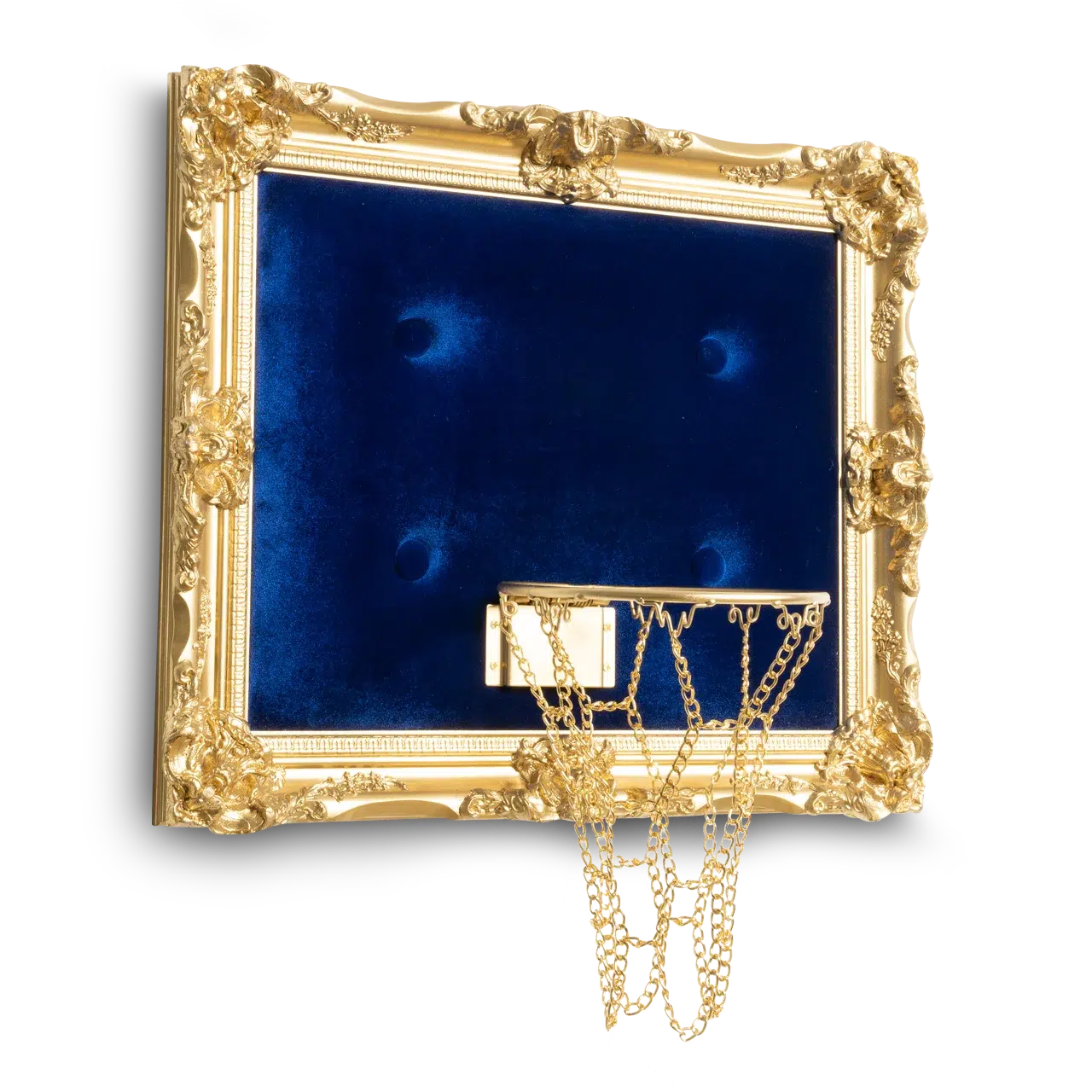 A gold framed Blue Velvet Hoop, elegant ensemble.