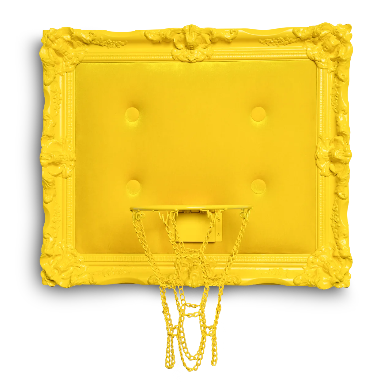 A hoop made of yellow velvet material with a chain dangling from it.