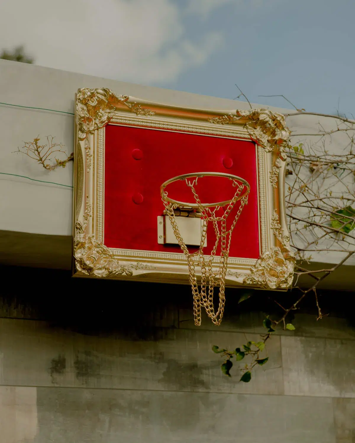 A wall decoration comprised of a Red Velvet Hoop.