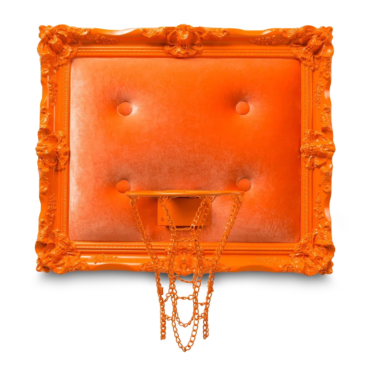 An Orange Velvet Hoop with a chain hanging from it.