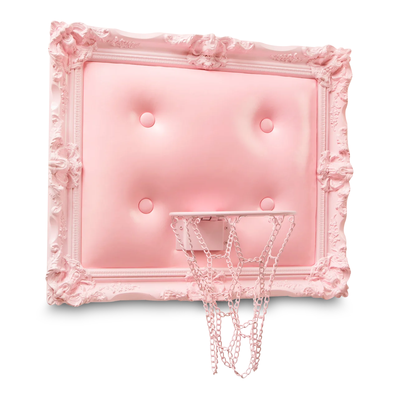 An ornate frame encapsulates a pink leather hoop.