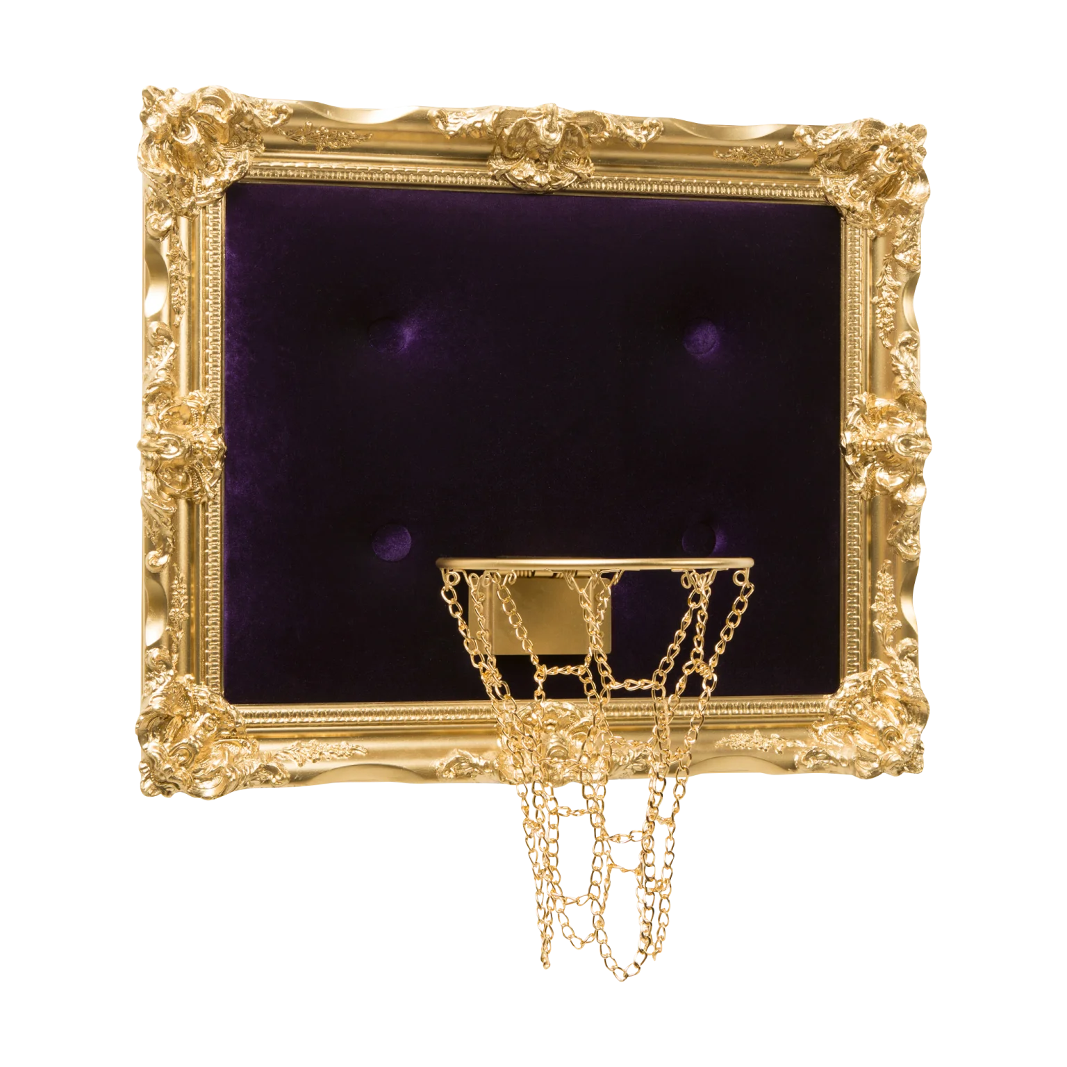 A regal purple velvet hoop with a golden frame.