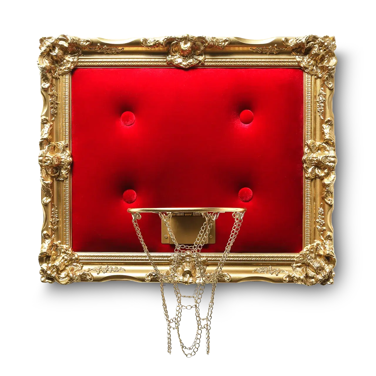 A gold frame with a Red Velvet Hoop integrated into a basketball hoop.