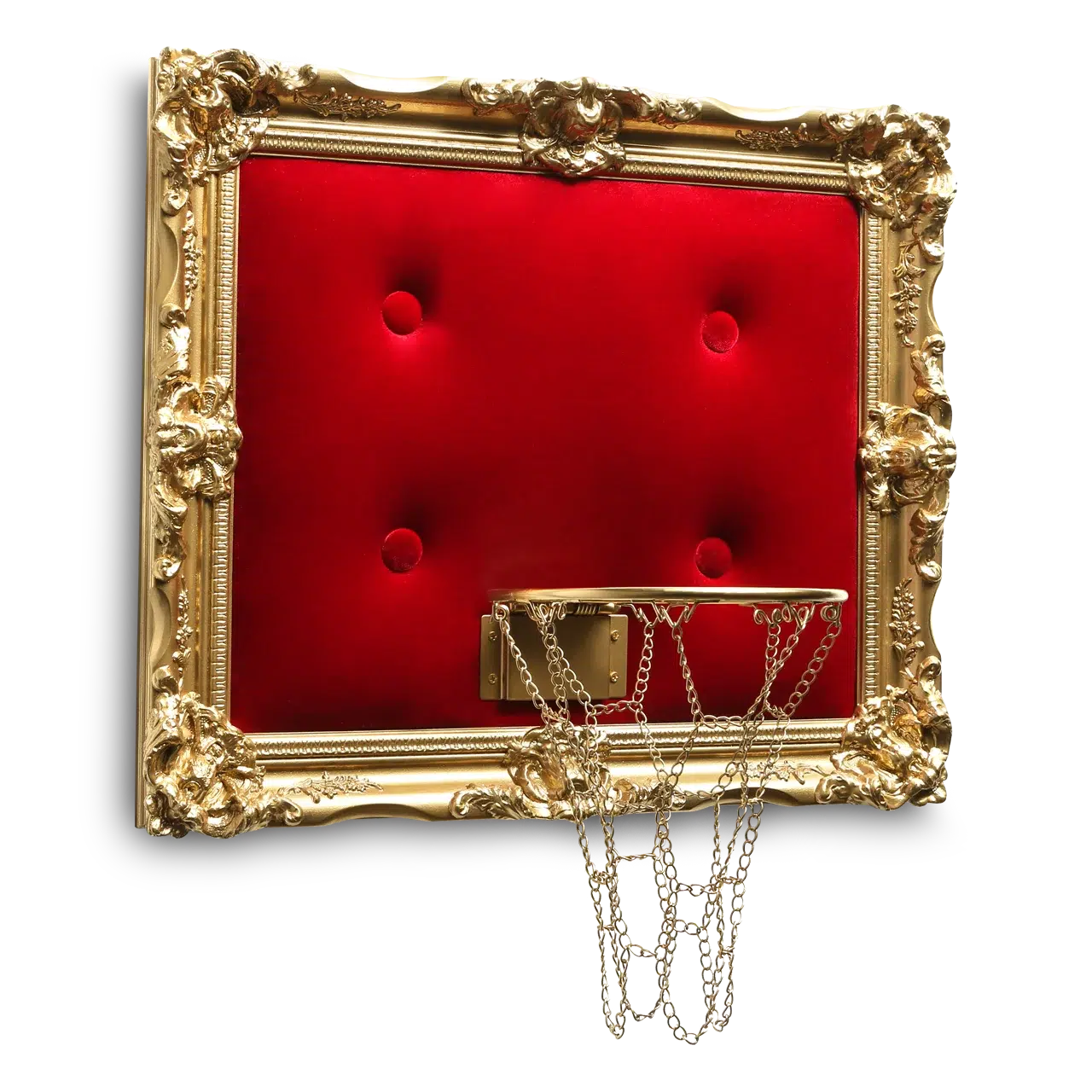 A gold-framed basketball hoop with a luxurious Red Velvet Hoop.