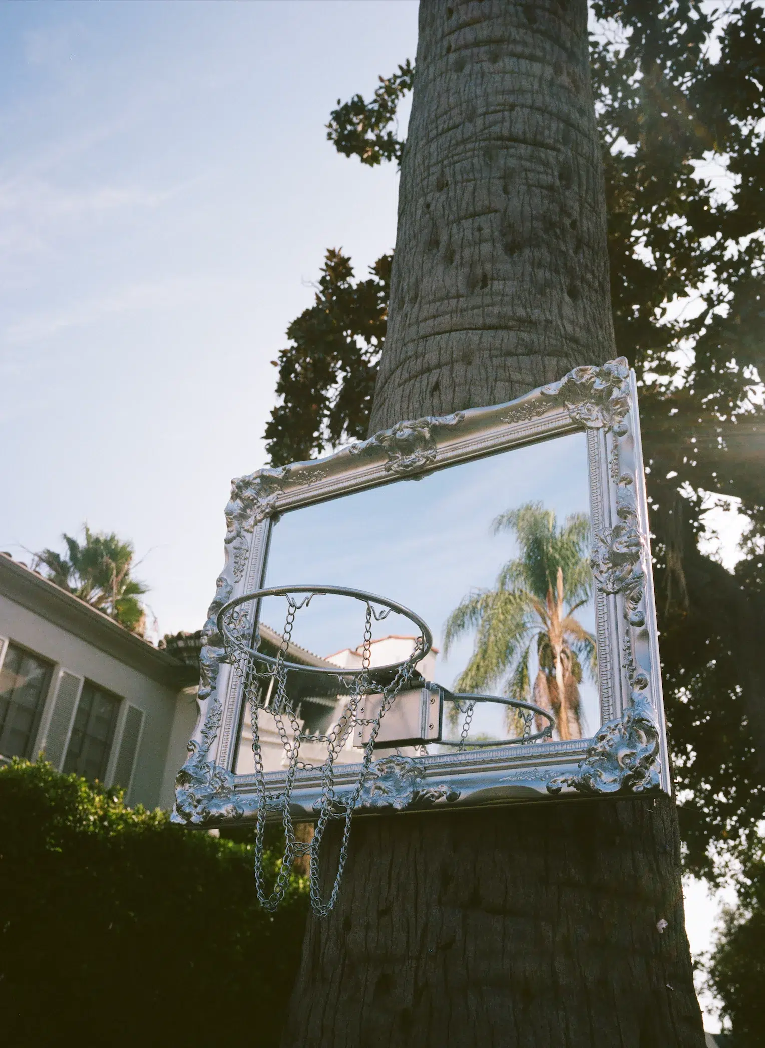 A reflective ornament suspended from a tree near a residence.