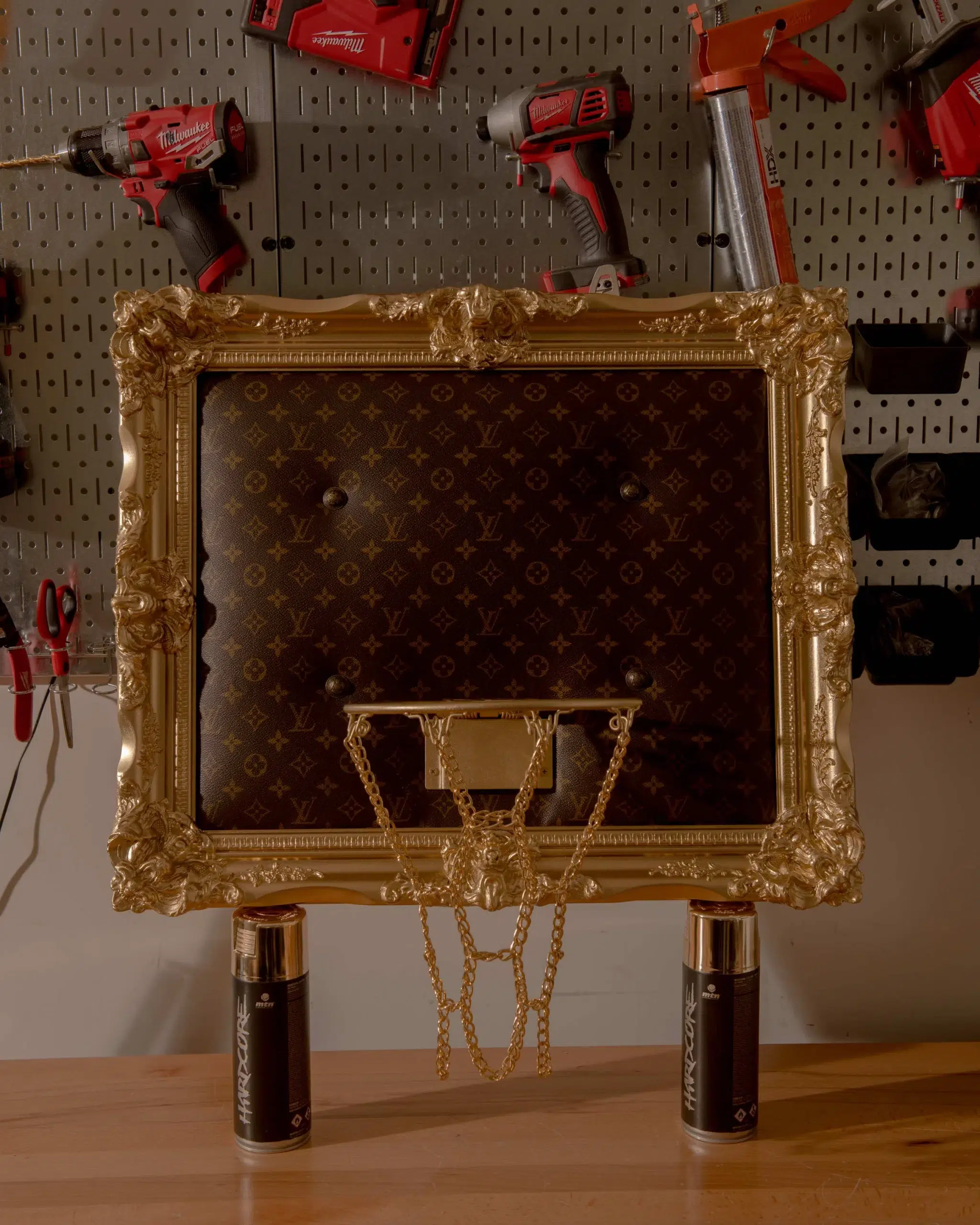 Luxurious basketball hoop adorned with the renowned Louis Vuitton brand.