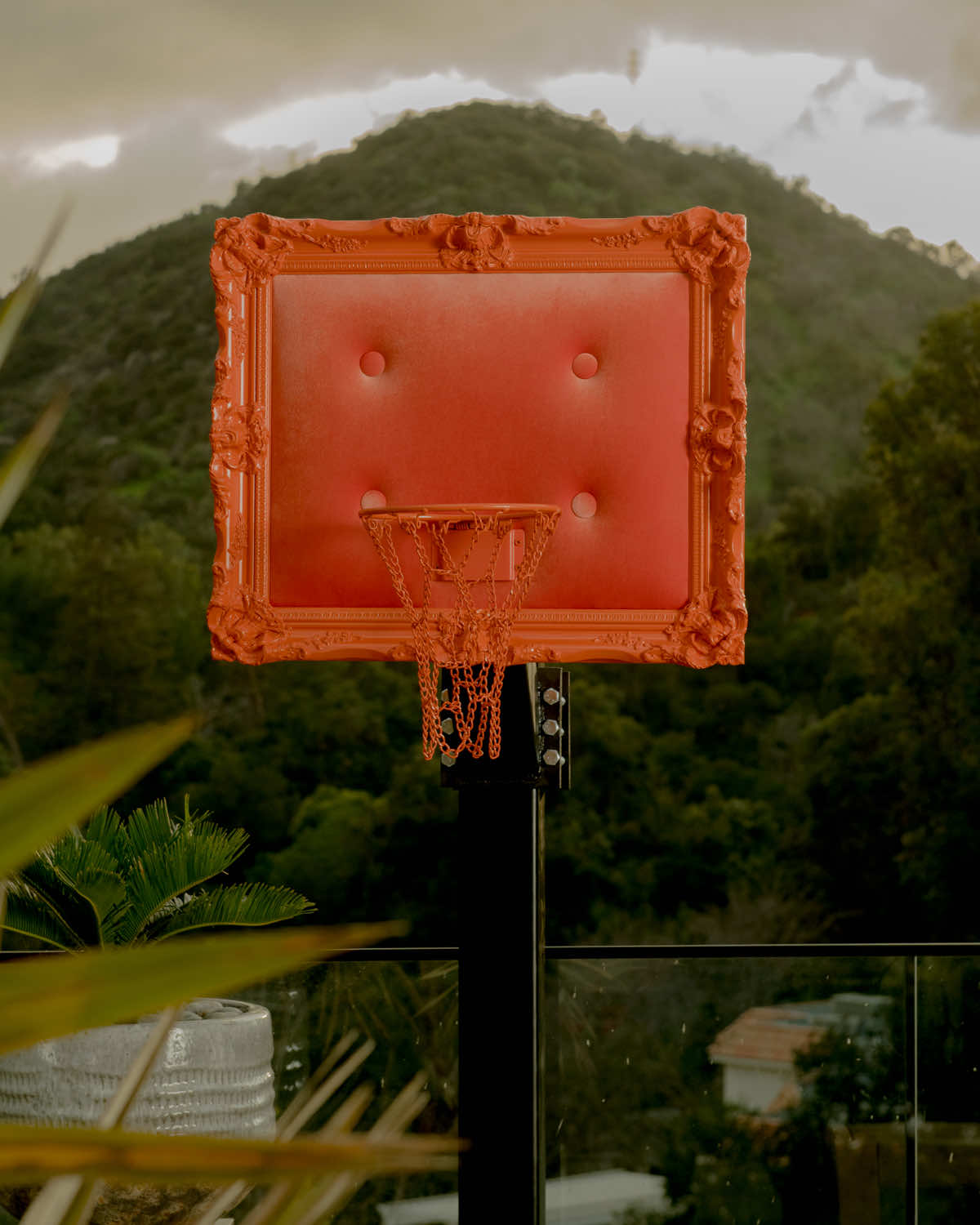 A basketball hoop with a frame on it.