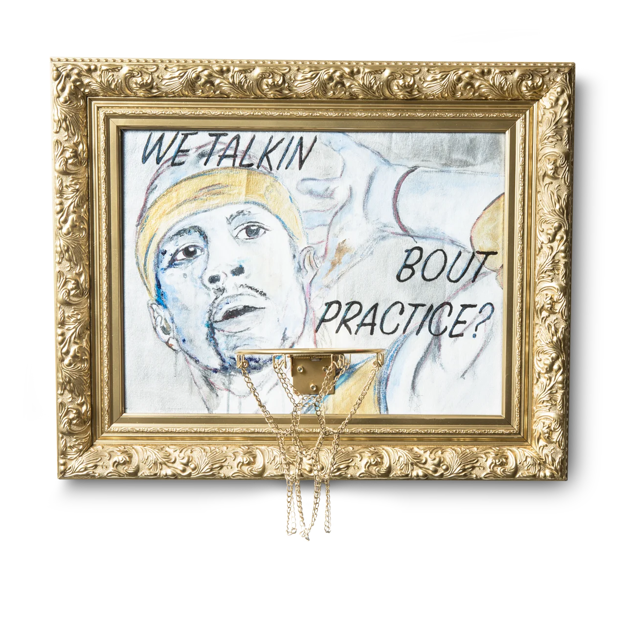 A framed Allen Iverson Hoop with the iconic phrase "we're talking about practice?".