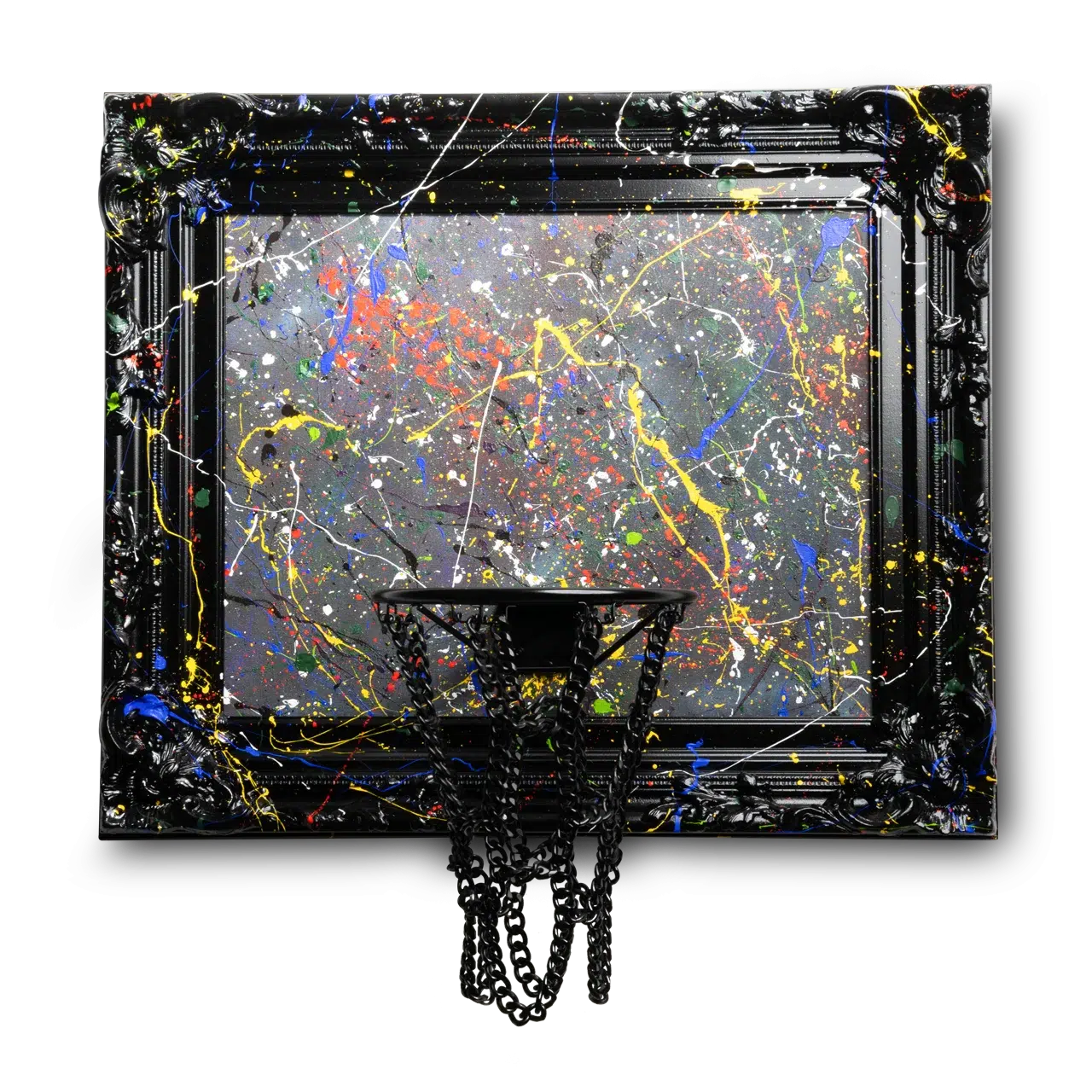 A hoop adorned with vibrant paint splatters.