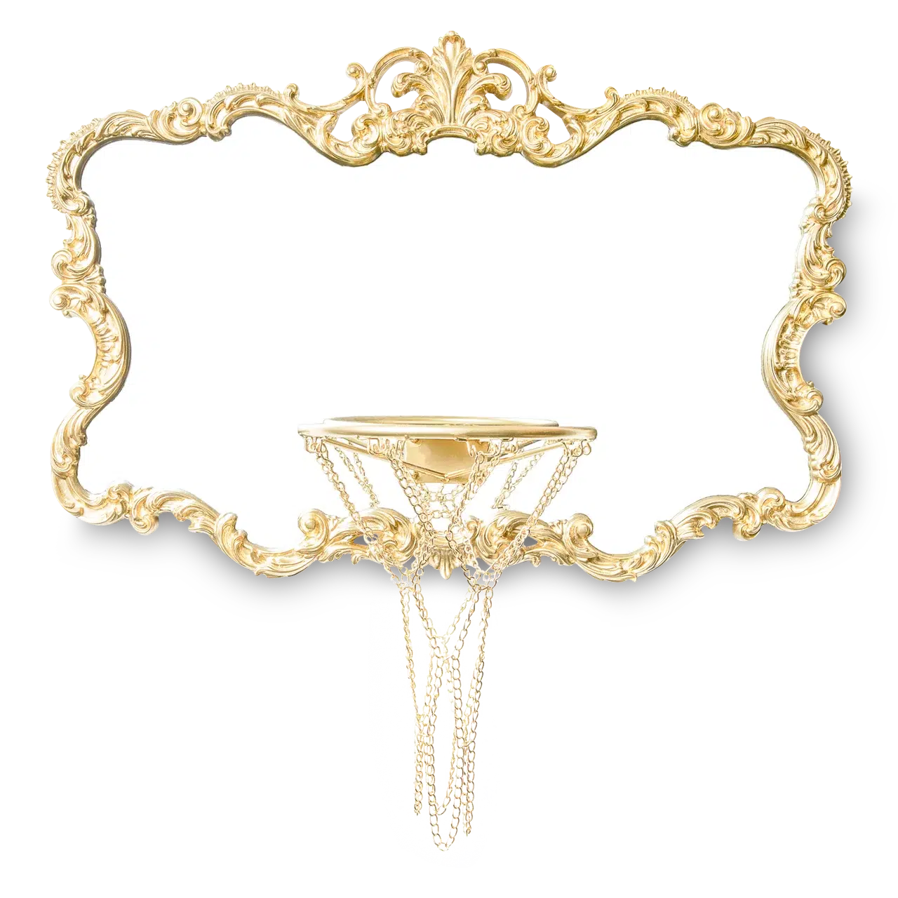 An ornate frame with a gold mirror hoop design.