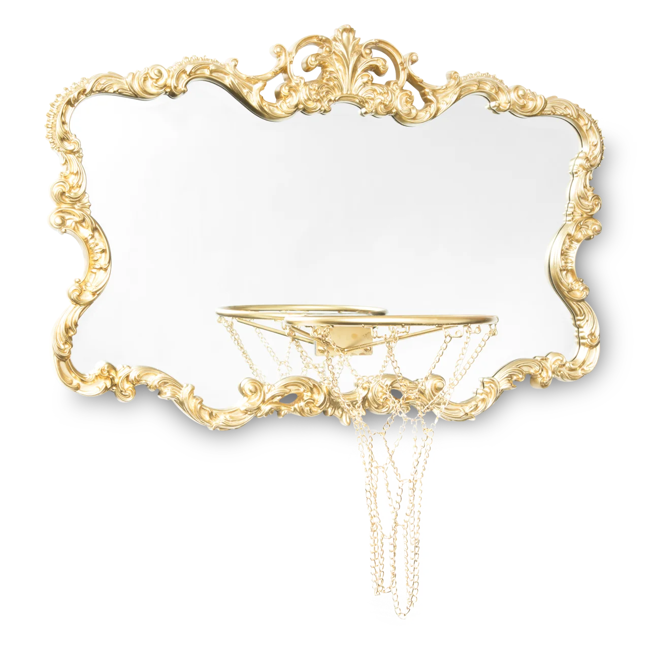 A basketball hoop attached to a golden mirror ring.
