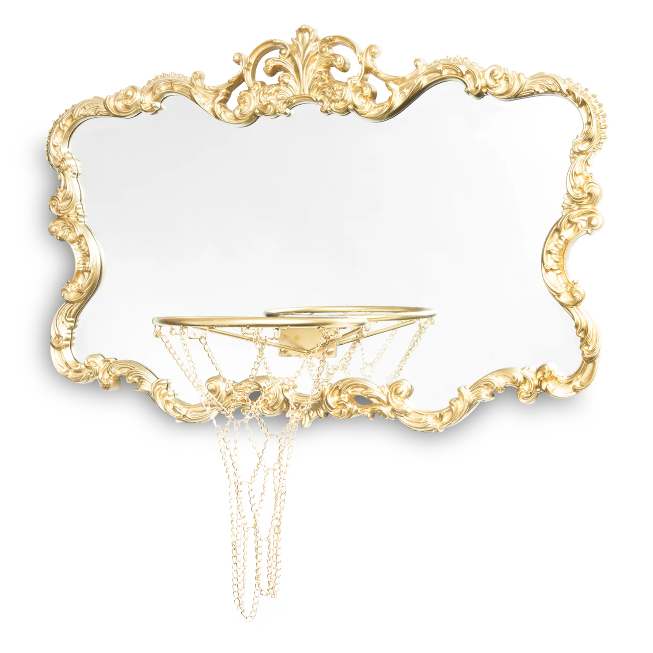 A Gold Mirror Hoop adorned with a basketball hoop.