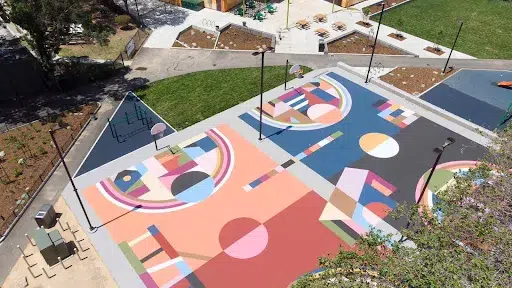 Aerial view, colorful basketball court.